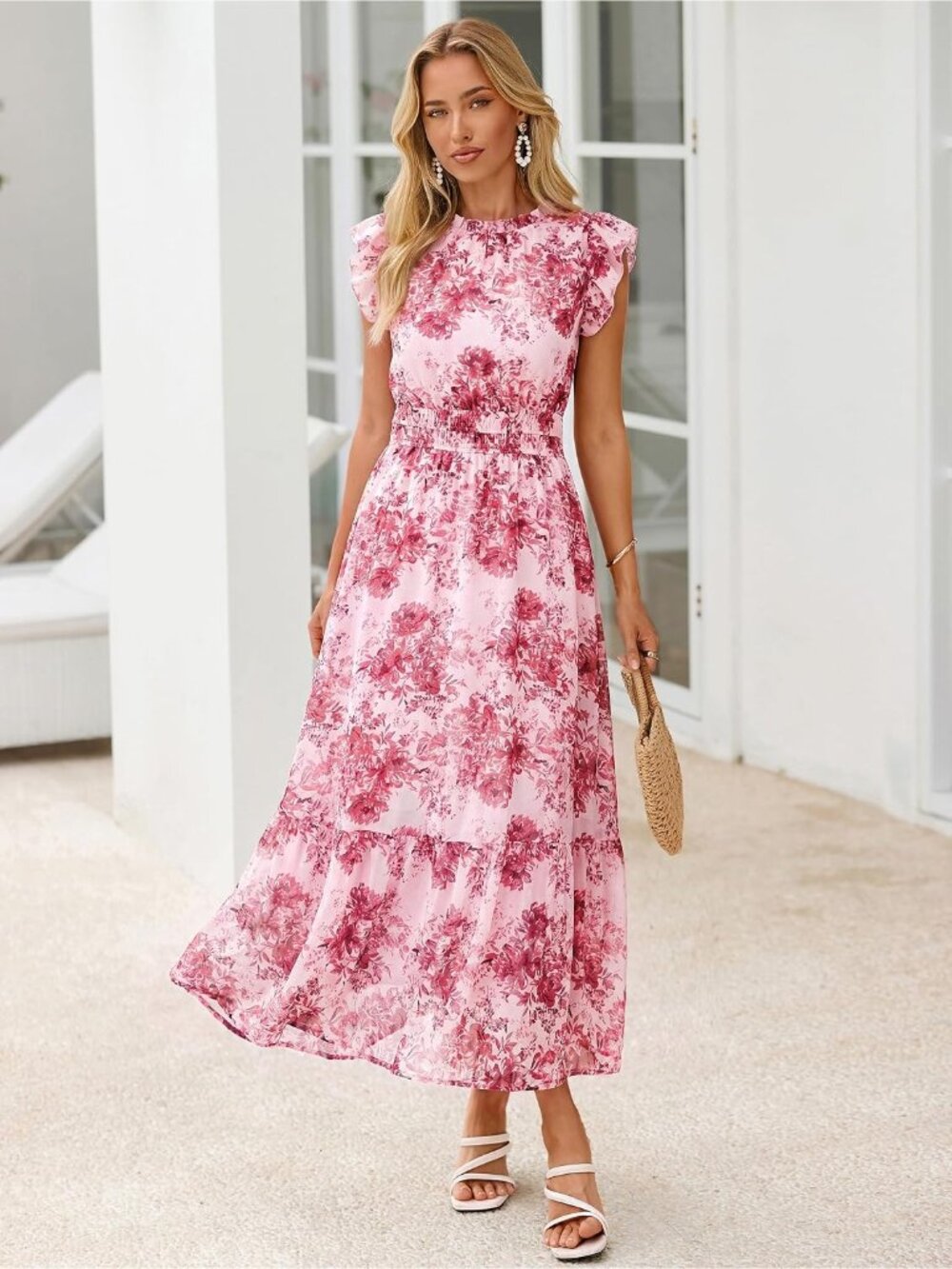 Women's Pink Red Short Sleeve Crew Neck A LINE Imported Casual Maxi Dress - Picture 2 of 7